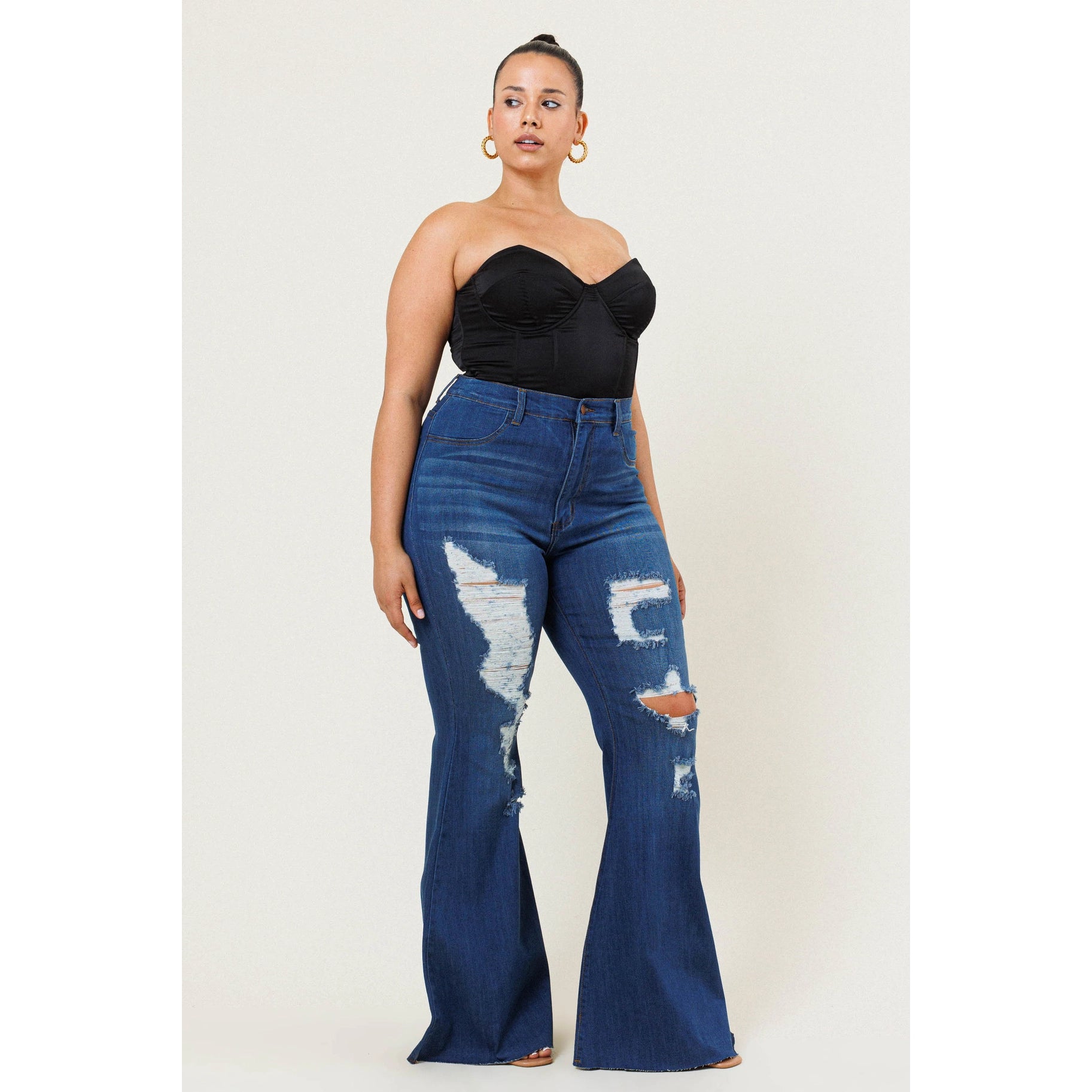 Plus Size High Waisted Denim Flared Trousers