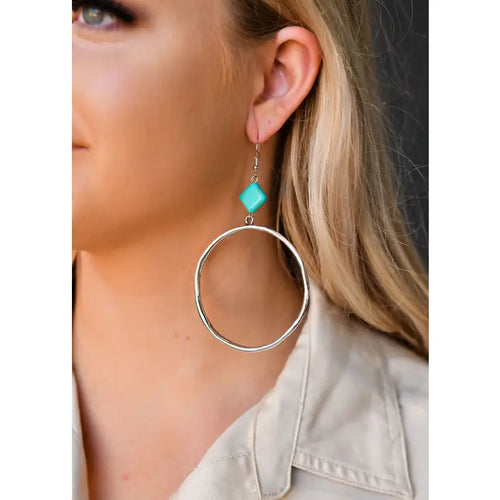 Large Hammered Hoop Earring With Turquoise Diamond Accent on Fish hook