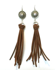 Western Concho Charm with Suede Tassel Dangle Earrings