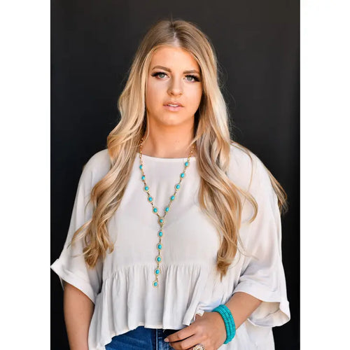 Dainty Burnished Gold Oval Turquoise Concho Lariat Style Necklace
